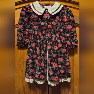 Vintage 1980's My Michelle Girls Black Corduroy Dress w/ Roses White Collar Sz 5